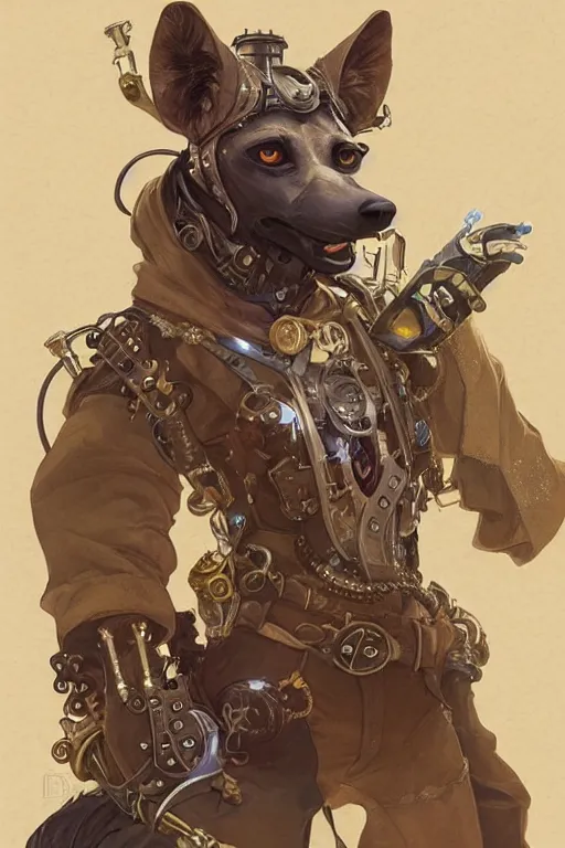 Image similar to anthropomorphic hyena as steampunk half - cyborg, western, high fantasy, dnd, smooth, sharp focus, illustration, highly detailed, digital painting, artstation, concept art, by disney animation, rossdraws, alphonse mucha, frank fanzzeta, collectible card art