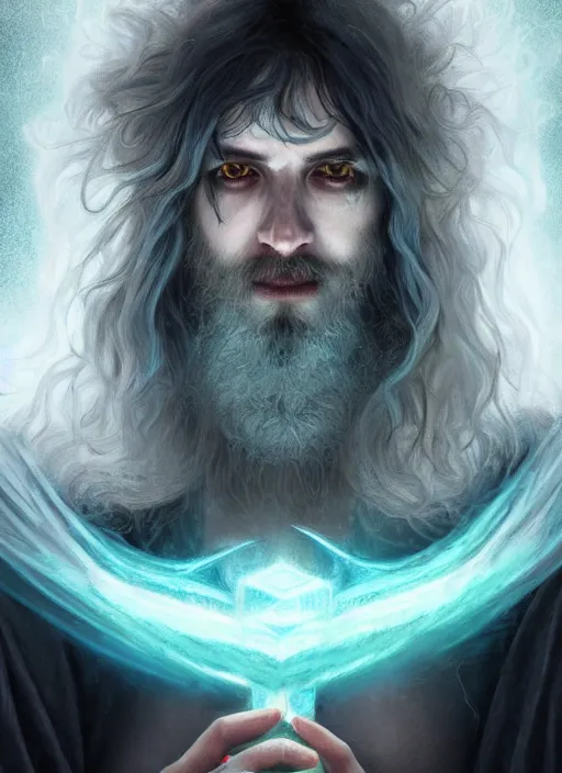 Prompt: Portrait of hexblade warlock aasimar, white glowing eyes, silver shaggy hair, short scruffy beard, cloak, teal ethereal tendril wings, male, fantasy, extremely detailed, digital painting, artstation, concept art, smooth, sharp focus, illustration, stunning lighting, art by artgerm and greg rutkowski and alphonse mucha and simon stalenhag, realistic character concept, high fantasy, light atmosphere, golden ratio, cinematic lighting, hyperdetailed, high resolution, insanely detailed and intricate, artstation, Marc Simonetti, Greg Rutkowski