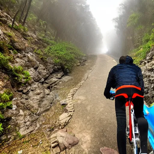 Image similar to POV bicycle: on a rocky path, Rider's first person holding the handlbars, point of view, GoPro, high 8k quality! entering the scary murky ocean, Fog. Ultrarealistic