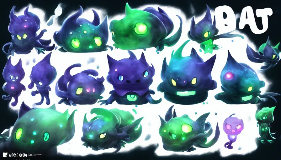 Image similar to a digital art portrait of black slime cat character design from ori and the blind forest, cute liquid ink cat character sheet, 4 k, ultra detail, volumetric lighting, unreal engine, octane render