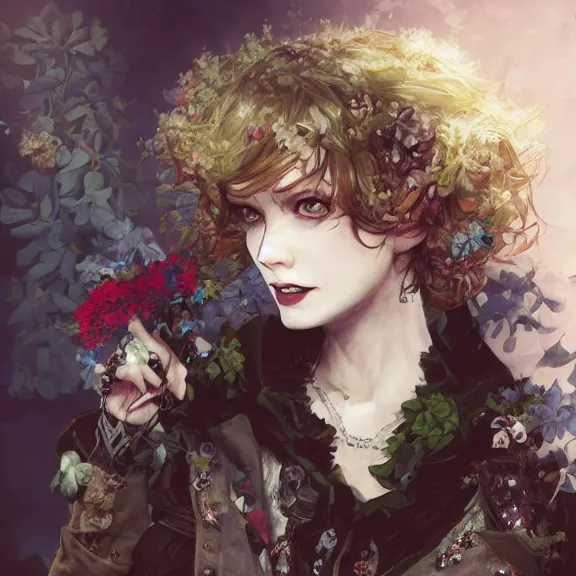 Prompt: goth christina hendricks with flowers in her hand, tankoban, 4 k, tone mapping, akihiko yoshida, james jean andrei riabovitchev marc simonetti, yoshitaka amano, long hair, curly, h. hydrochaeri