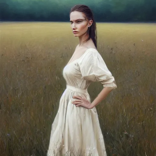 Image similar to a vogue model in a field, oil painting, pale colors, high detail, 8 k, wide angle, trending on artstation,