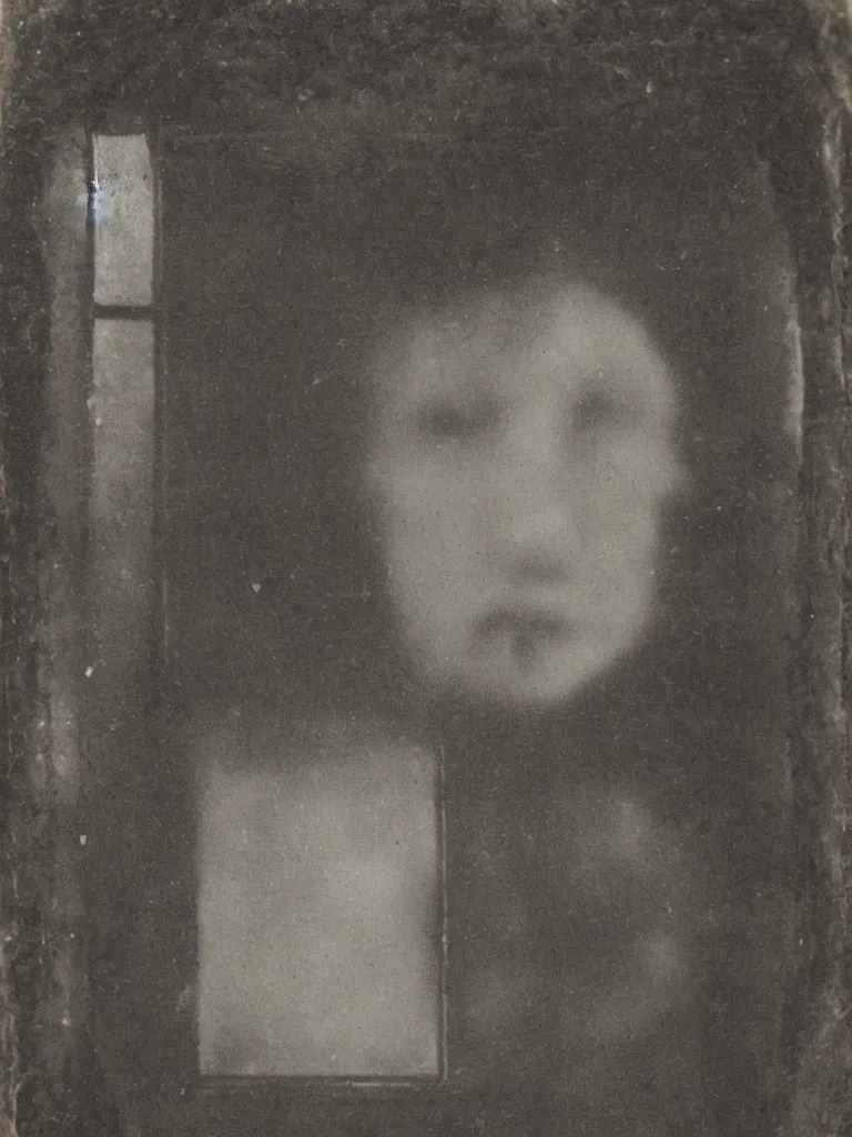 Image similar to found tintype photograph. a ghost's face in a tudor house window