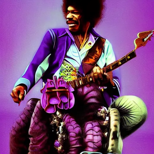 Image similar to Jimi Hendrix riding on the back of an enormous purple dragonfly, Digital realistic detailed art trending in Artstation.