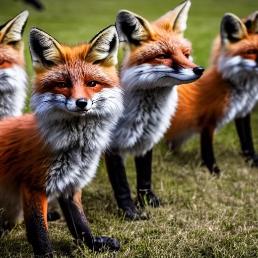 Image similar to a group of fox animals dressed in modern american military soldier uniforms, special ops foxes animals, 8 5 mm f / 1. 4