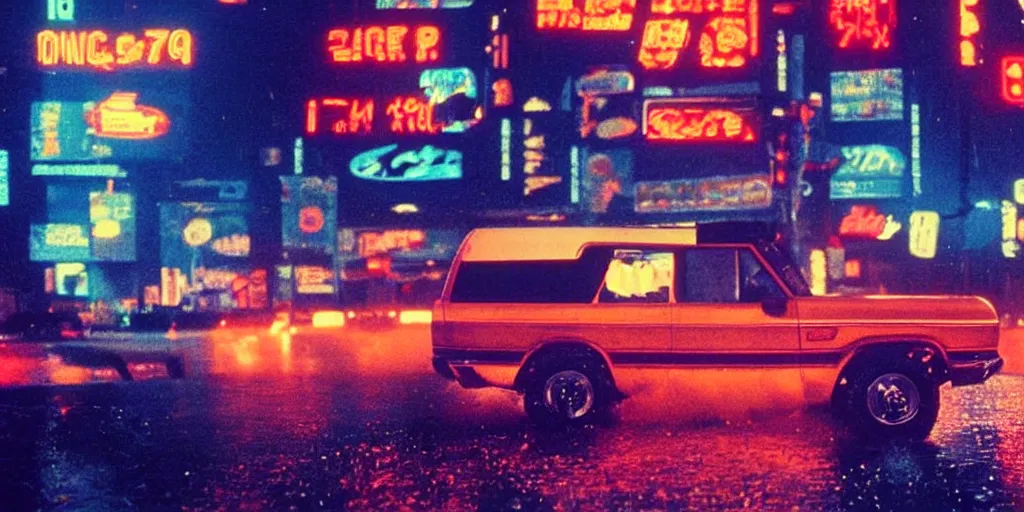Prompt: a single ford bronco, speeding down tokyo highway in the rain, night time, neon lights, thunderstorm, movie still from the film bladerunner