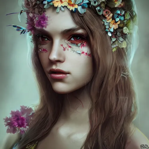 Image similar to dslr photo of a beautiful female with detailed face, wearing flowers, artgerm, artstation, extremely high quality, moody lighting, photography by deviantart, 8 k