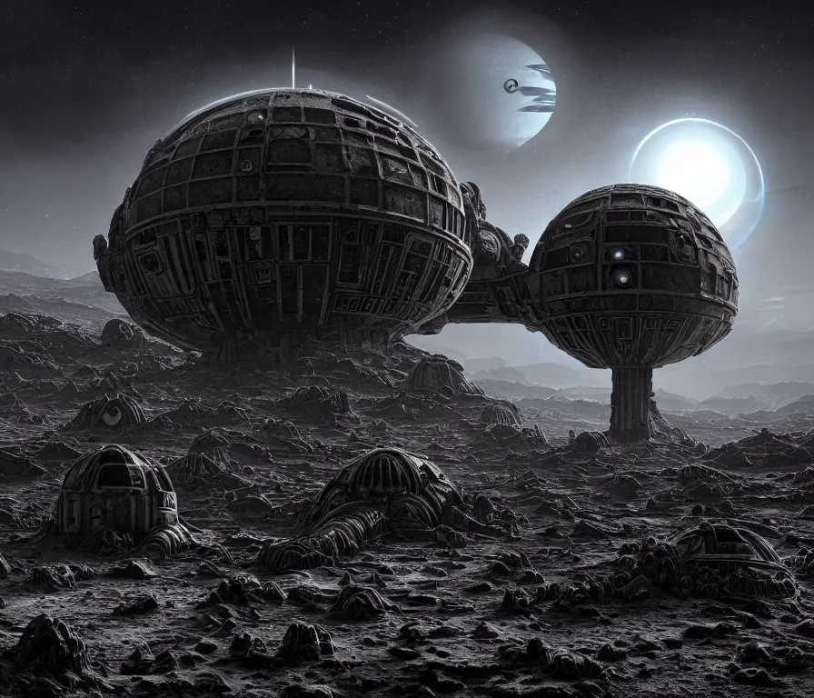 Image similar to landscape abandoned alien structure on exoplanet, black mos eisley designed by giger, wrecked skeletal technology, dark clouds, surreal abandoned buildings, dream-like heavy atmosphere, baroque painting, beautiful detailed intricate insanely detailed octane render trending on Artstation, 8K artistic photography, photorealistic, dramatic volumetric cinematic light, chiaroscuro, award-winning photograph, masterpiece, Raphael, Caravaggio, Beksinski, Giger