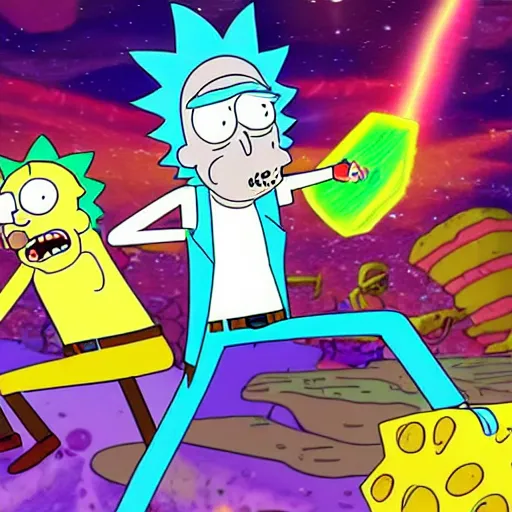 Prompt: rick and morty battle spongebob squarepants in space, galaxy, hd, explosions, gunfire, lasers, spatula, giant, epic, showdown, colorful, realistic photograph, unreal engine, movie