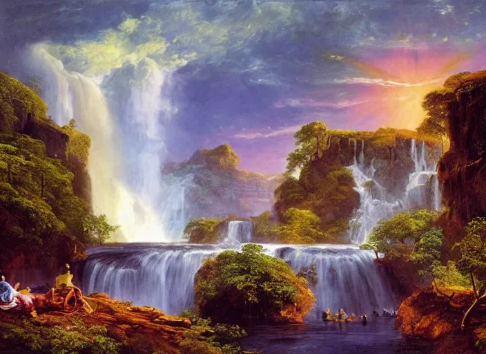 Image similar to epic waterfall planetscape, glowing river scene, serene mood, in style of frederic edwin church