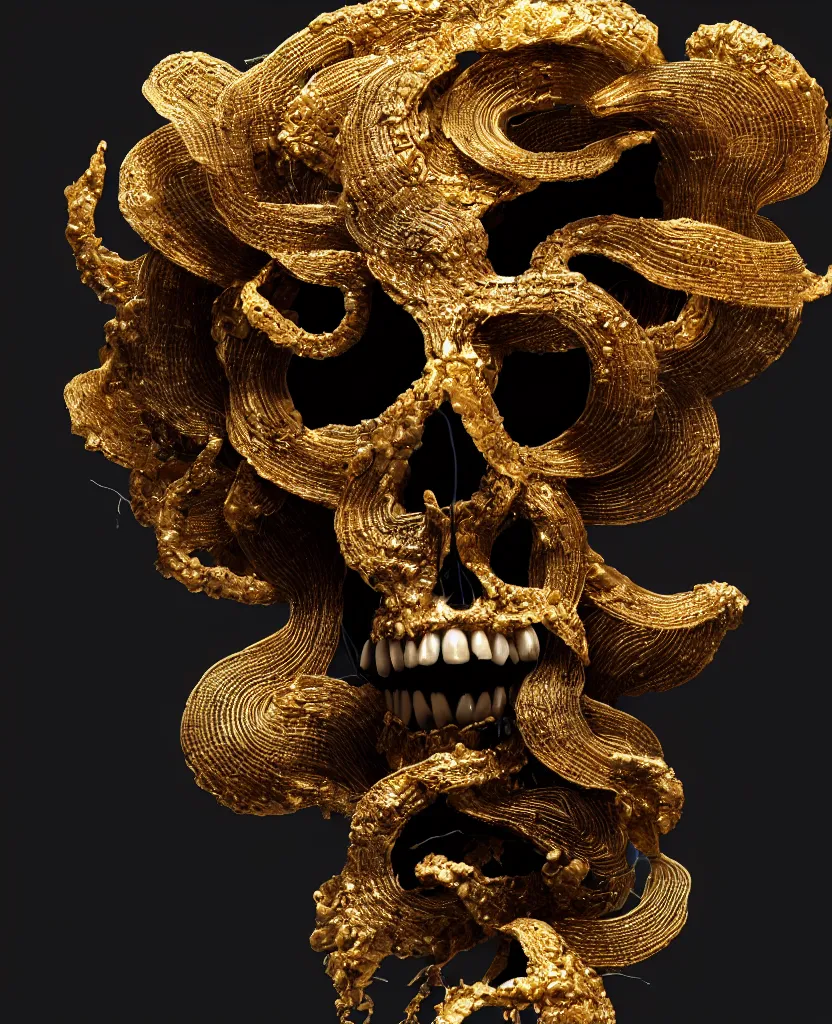 Image similar to fully black background. background hex 000000. goddess princess face close-up portrait ram skull. sculpture made of gold and black charcoal. jellyfish phoenix head, nautilus, orchid, skull, betta fish, bioluminiscent creatures, intricate artwork by Tooth Wu and wlop and beeple. octane render, trending on artstation, greg rutkowski very coherent symmetrical artwork. cinematic, hyper realism, high detail, octane render, 8k