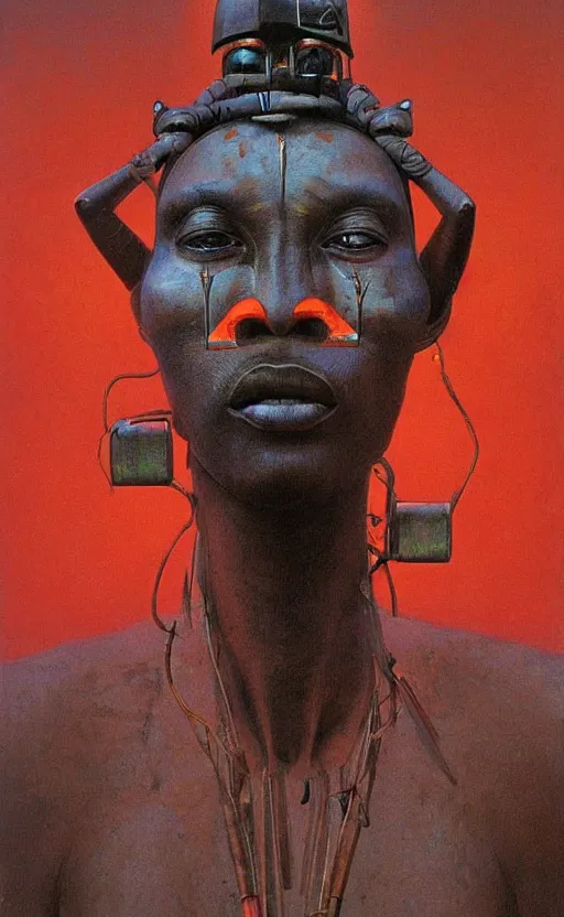 Image similar to portrait of african tribal chief wearing mecha head gear, symmetrical, dramatic lighting, art by zdzislaw beksinski,