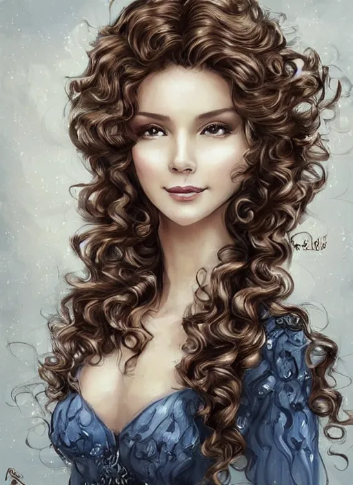 Image similar to beautiful female angel, brunette with big smile and curly hairstyle, looks like Ebru Şahin, Reyyan, looks like Fabiula Nascimento, looks like Laura Barriales, D&D, fantasy, intricate, elegant, highly detailed, digital painting, artstation, concept art, character design, smooth, sharp focus, illustration, art by artgerm and greg rutkowski and alphonse mucha