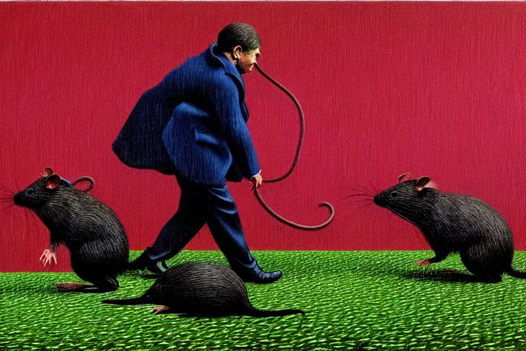 Prompt: a family of rats scurrying across a drenched field in a torrential rainstorm, in the style of rene magritte, intricate and epic composition, red by caravaggio, insanely quality, highly detailed, masterpiece, purple light, artstation, 4 k