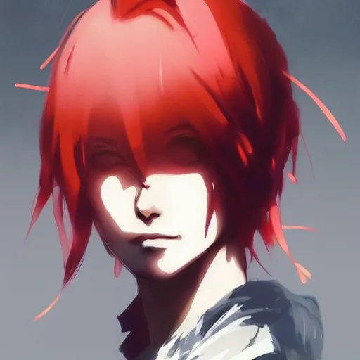 Image similar to anime style portrait of a teen girl with short red hair, dramatic lighting, anime illustration by Greg rutkowski, yoji shinkawa, 4k, digital art, concept art, trending on artstation, アニメ, featured on pixiv