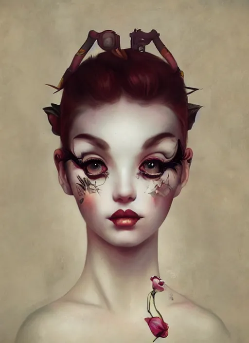Image similar to pop surrealism, lowbrow art, realistic seductive woman painting, body harness, hyper realism, muted colours, rococo, natalie shau, loreta lux, tom bagshaw, mark ryden, trevor brown style,