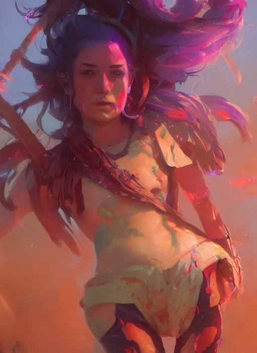 Image similar to hyper realistic photography of festival warrior curvy girl saturated colors, cinematic, greg rutkowski, rowena morrill, juan gimenez, artstation