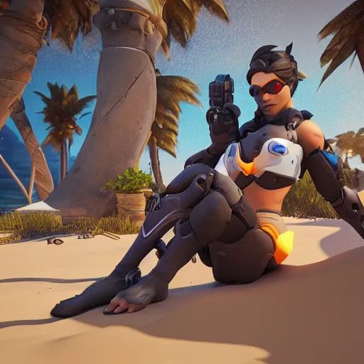 Image similar to d. i. v. a from overwatch relaxing at the beach getting a sun tan, unreal engine 5 4 k