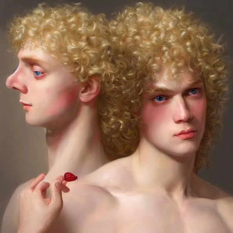 Prompt: a striking hyper real painting of Lucius the pretty pale androgynous albino blond prince, golden hour, beautiful delicate smile soft pink lips and lavender eyes, long fluffy curly light blond hair, STRAWBERRY BLOND, by Jan Matejko