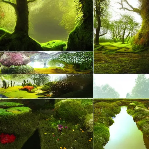 Image similar to found footage of a vast heavenly garden of peace, wide eden filled with surreal trees, stone slab, colourful wild flowers, moss sheds, fern towers, small stream and puddles, birds singing, early morning mild lighting, volumetric lighting, hyper realistic