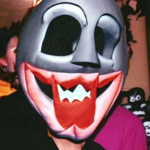 Prompt: polaroid of a creepy smiling halloween mask