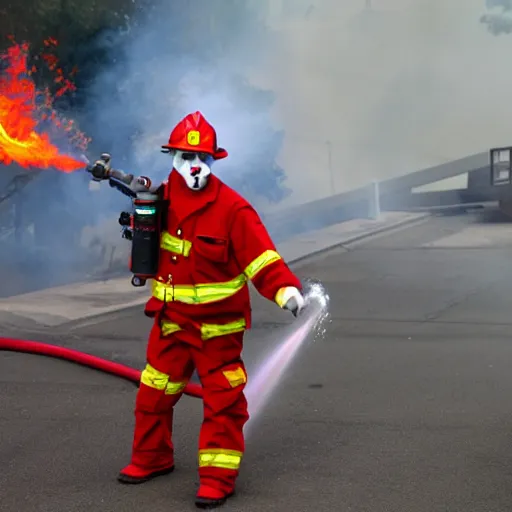 Prompt: a clown wearing firefighter clothes, using a flamethrower projecting a bright flame towards a dumpster fire