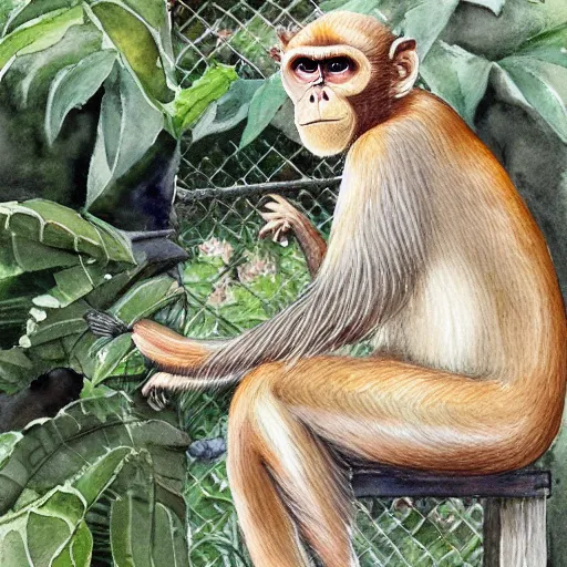 Image similar to delicate, king monkey on the throne, garden, paved, botanic watercolors, iridescent, 8 k, realistic shaded, fine details, artstation, italian, iron gate, tree, mediterranean, marvelous