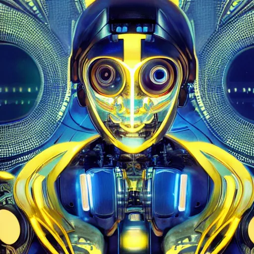 Prompt: symmetrical portrait of a robot with big eyes, grinning, sci - fi, tech wear, blue and yellow glowing lights, intricate, elegant, highly detailed, digital painting, artstation, smooth, sharp focus, illustration, art by artgerm and greg rutkowski and alphonse mucha