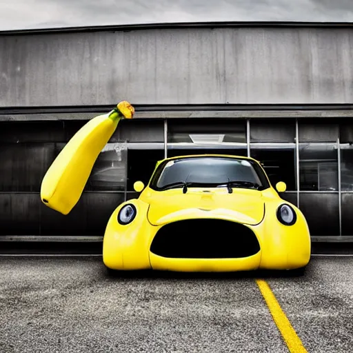 Prompt: banana-shaped car showcase photography, car photography