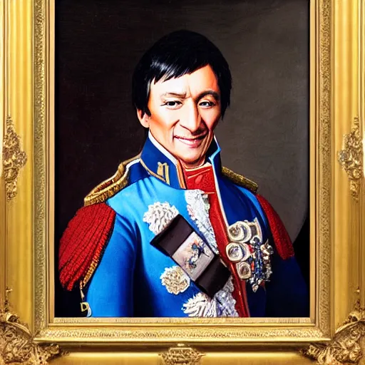 Prompt: napoleon style portrait of jackie chan smiling in formal military suit, classical, realism, oil on canvas, colorful