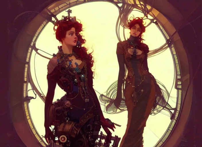 Image similar to woman model, steampunk!!! and modern, rgb, lake, backlit, elegant, highly detailed, digital painting, artstation, concept art, smooth, sharp focus, illustration, art by krenz cushart and artem demura and alphonse mucha