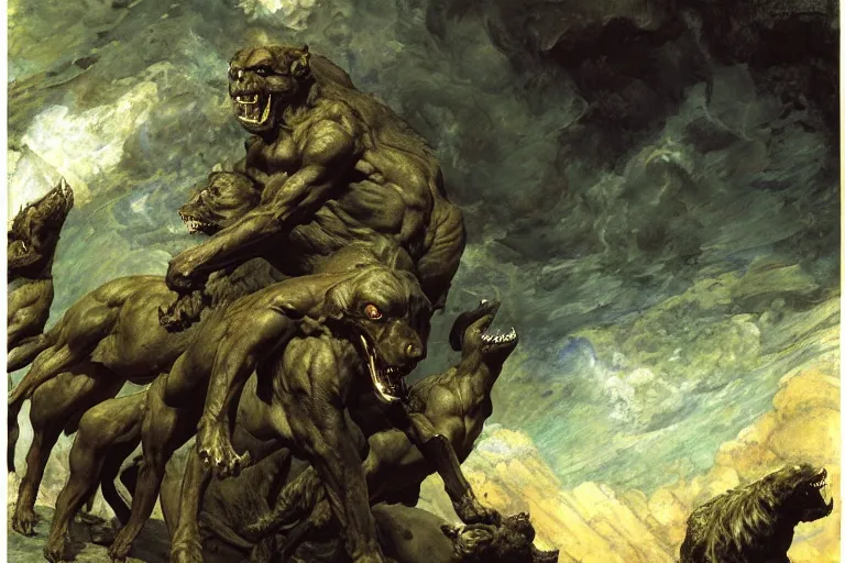 Image similar to hyperdetailed matte art of cerberus by william blake, ilya repin, amano, rene magritte, craig mullins, three headed dog, details