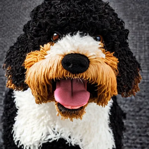 Image similar to a closeup photorealistic photograph of a cute smiling knitted bernedoodle judge dog dressed in a black gown, presiding over the courthouse. indoors, professional capture, well lit shot. this 4 k hd image is trending on artstation, featured on behance, well - rendered, extra crisp, features intricate detail, epic composition and the style of unreal engine.