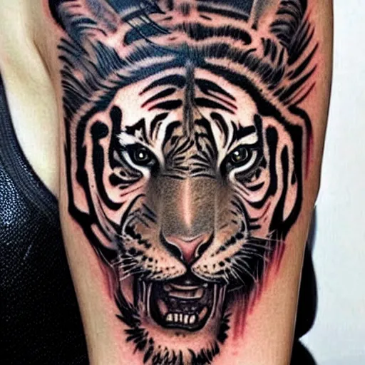 Image similar to ! dream a realistic tattoo design of a beautiful warrior woman below a tiger head, highly detailed