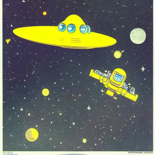 Image similar to little yellow spaceship with robot arm, in outer space, Ron cobb, Yoshitaka Amano, 1980s, science fiction