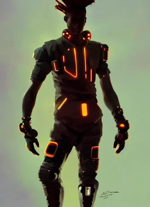 Image similar to full body side profile of a young black man with a mohawk wearing futuristic techwear, highly detailed clothing, angular jawline, digital painting, artstation, concept art, smooth, sharp focus, glowing orange light, digital illustration, art by wlop, uang guangjian and gil elvgren and sachin teng and greg rutkowski