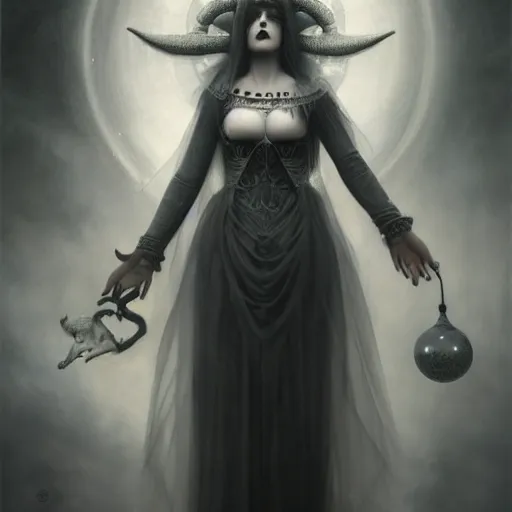 Prompt: By Tom Bagshaw, ultra realist soft painting of a gloom carnival by night, very beautiful horned single female in long gothic dress transparent glass sphere, symmetry accurate features, very intricate details, omnious sky, black and white, volumetric light clouds