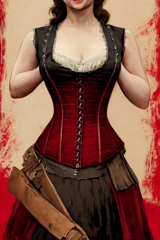 Prompt: Emilia Clarke smiling warmly in a 1800s American Corset in Red Dead Redemption anatomy, only two hands, highly detailed, digital painting, artstation, concept art, smooth, sharp focus, illustration, Unreal Engine 5, 8K, art by art by artgerm and greg rutkowski and edgar maxence