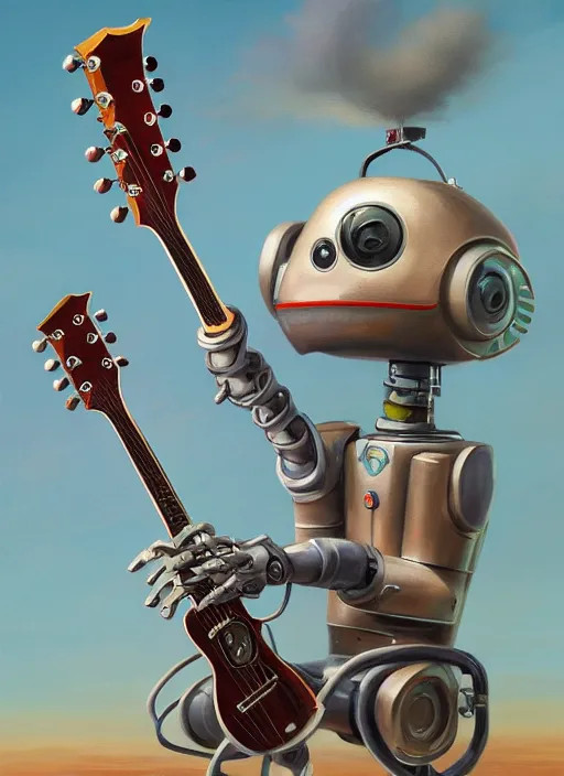 Prompt: painting of a country bumpkin robot playing a guitar, bluegrass robot, style of peter mohrbacher, trending on artstation, epic, high detail, hyper realistic, 8 k