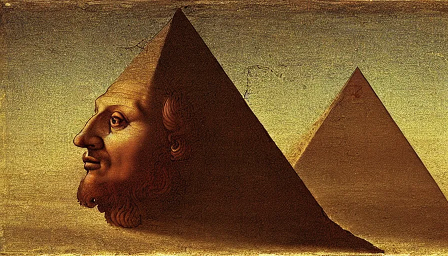 Prompt: an oil painting of a large man staring at a sphere slowly rolling off the side of a pyramid, underwater, sideview, art by leonardo da vinci, using gradients and the degrade technique