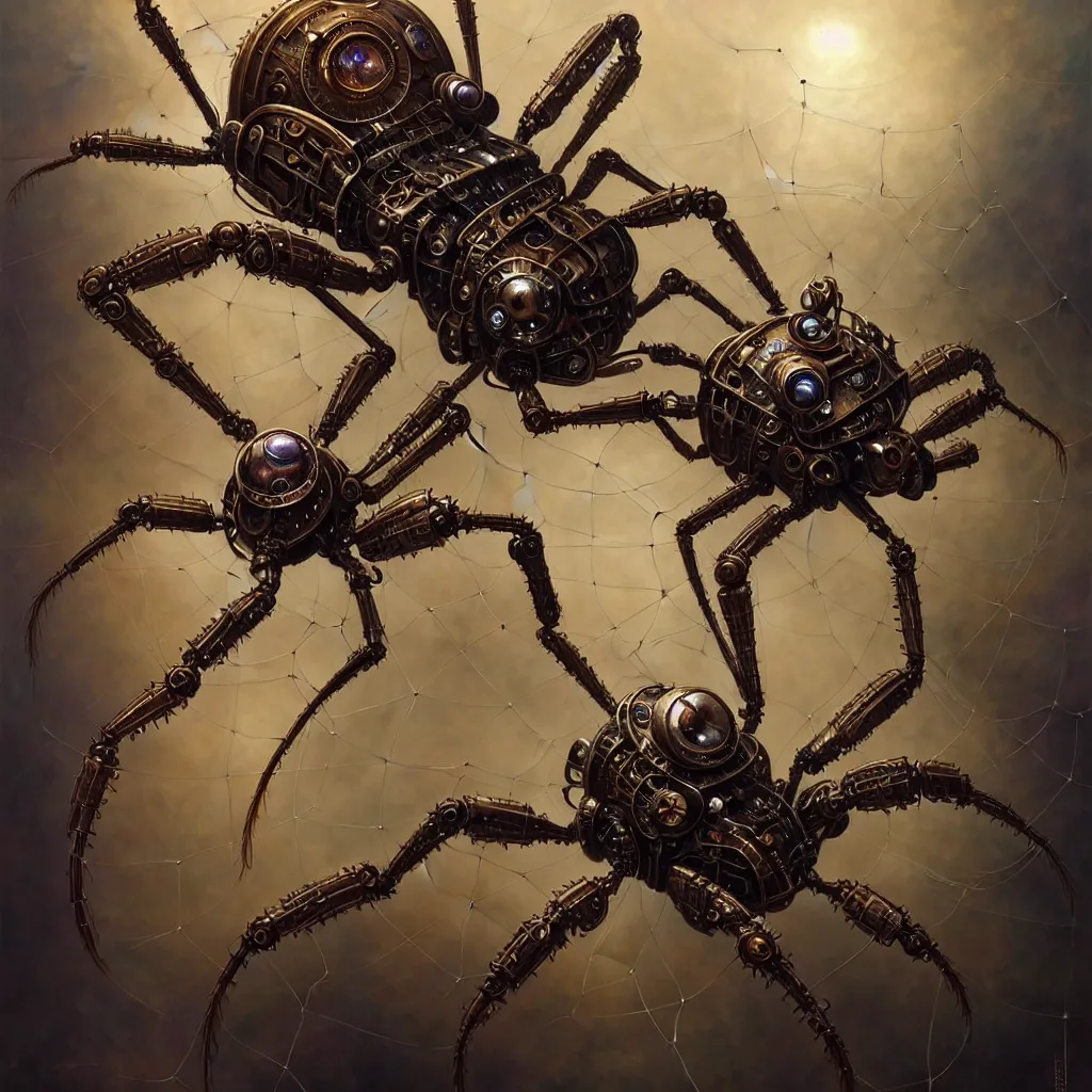 Image similar to portrait shot of a steampunk robot spider, intricate, elegant, highly detailed, centered, digital painting, artstation, concept art, smooth, sharp focus, illustration, artgerm, tomasz alen kopera, peter mohrbacher, donato giancola, joseph christian leyendecker, wlop, boris vallejo