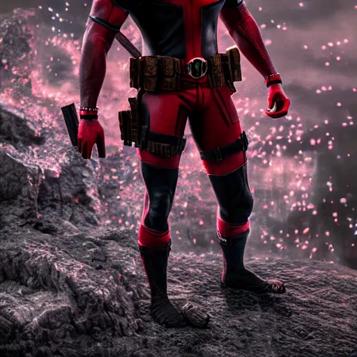 Prompt: full body pose, hyperrealistic photograph of shirtless deadpool, dim volumetric lighting, 8 k, octane beautifully detailed render, extremely hyper detailed, intricate, epic composition, cinematic lighting, masterpiece, trending on artstation, very very detailed, stunning, hdr, smooth, sharp focus, high resolution, award, winning photo, dslr, 5 0 mm