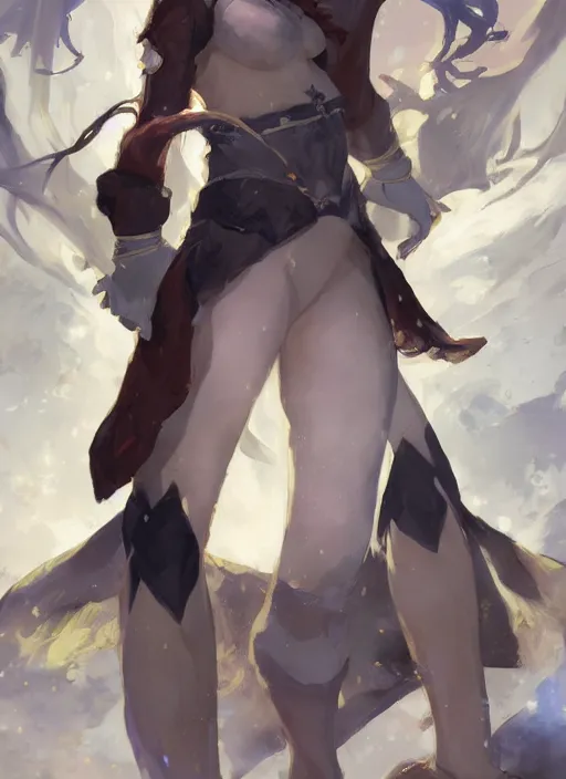 Image similar to concept art painting of a woman with brown skin and short white hair, demon horns, elf ears, full clothing, blue clothes, robes, detailed, cel shaded, in the style of ruan jia and artgerm and makoto shinkai and james gurney