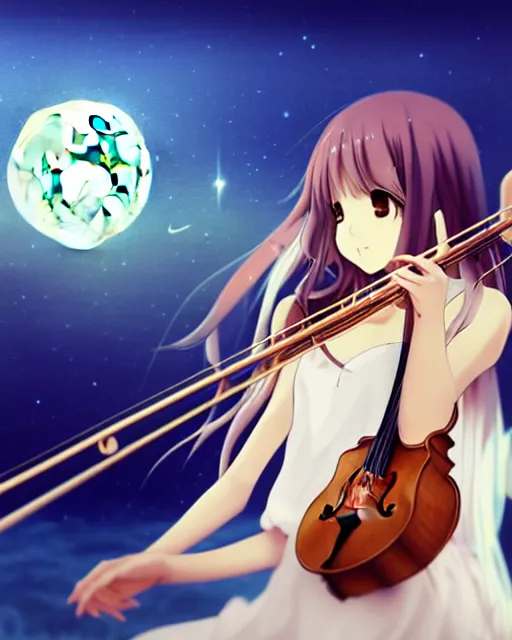 Image similar to anime style, cute, full body, a female with white skin and golden long wavy hair holding a violin and playing a song, heavenly, stunning, filters applied, lunar time, trending art, sharp focus, centered, landscape shot, happy, fleeting dream, simple background, studio ghibly makoto shinkai yuji yamaguchi, by wlop