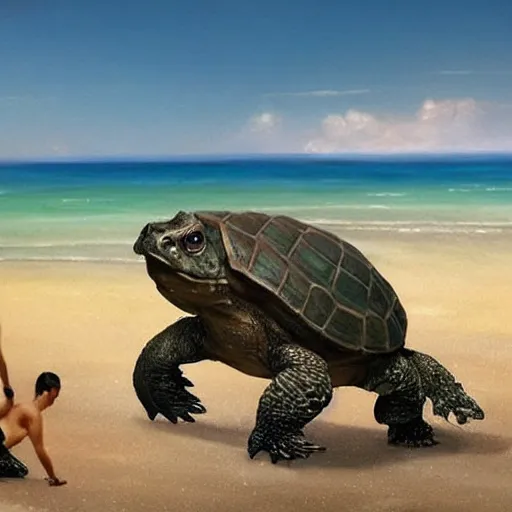 Image similar to large cute adorable snapping turtles walking on the beach in maui, hyper realistic painted by greg rutkowski, unreal engine