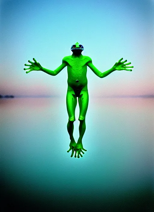 Image similar to “translucent frog amphibian vertically hovering above calm lake waters in jesus christ pose, distant meadow and misty forest horizon, low angle, long cinematic shot by Andrei Tarkovsky, paranormal, eerie, mystical”