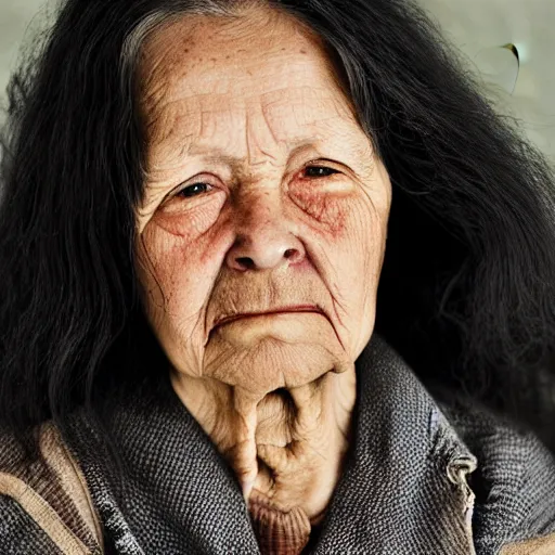 Prompt: an amazing award winning portrait photo of a old woman with black long hair, cinematic masterpiece