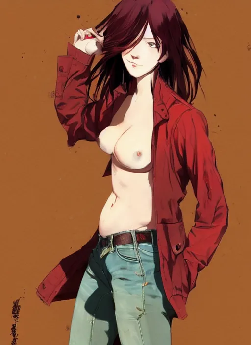 Image similar to full - body shot of an attractive tomboy girl with long, crimson red hair and red eyes, wearing a brown, open jacket and green jeans with a stern look, concept art, character design, by wlop, by ross draws, by tomine, by satoshi kon, by rolf armstrong, by peter andrew jones, beksinski