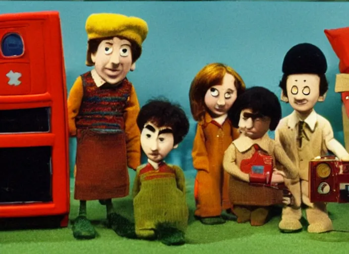 Image similar to a scene from a 1 9 7 0 s british kids tv programme by the bbc and oliver postgate, stop motion animation, postman pat, vhs distortion