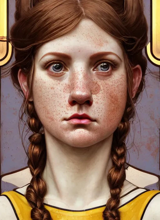 Prompt: close up portrait of wendy thomas, pale young woman with freckles and pigtails, baroque hamburgers, fast food imagery by artgerm, cushart krenz, greg rutkowski, mucha. art nouveau. gloomhaven, golden arches logo, pale colors, sharp edges. ultra clear detailed. 8 k. elegant, intricate, octane render